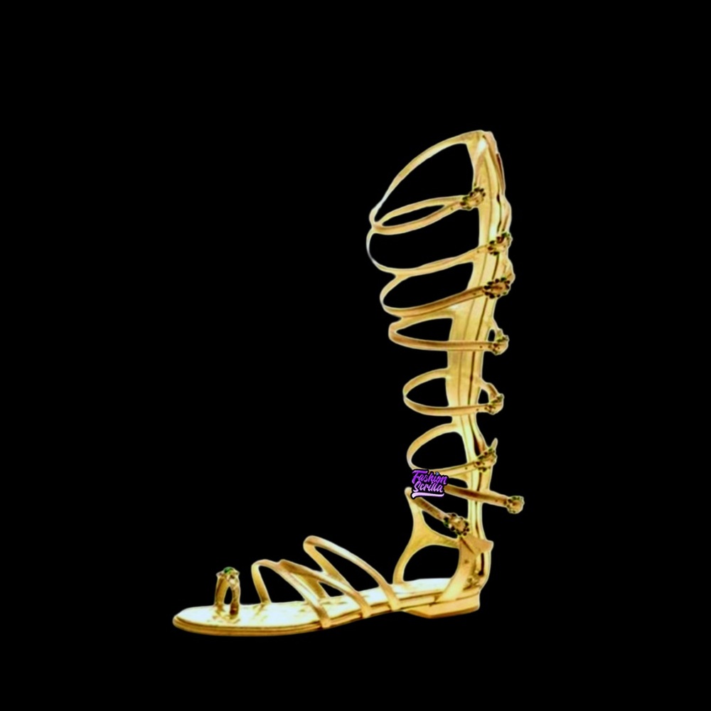 Chanel Leather Knee High Gripoix Embellished ‘CC’ Logo Gold Gladiator Sandals - Picture 3 of 12